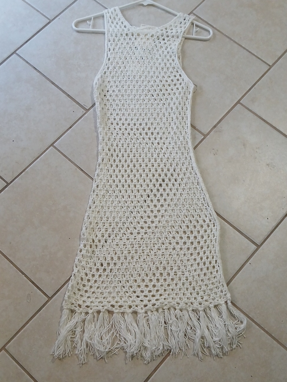 Miken Swim Sz S Cream Crochet Fringe Maxi Dress/Cover Up NWT